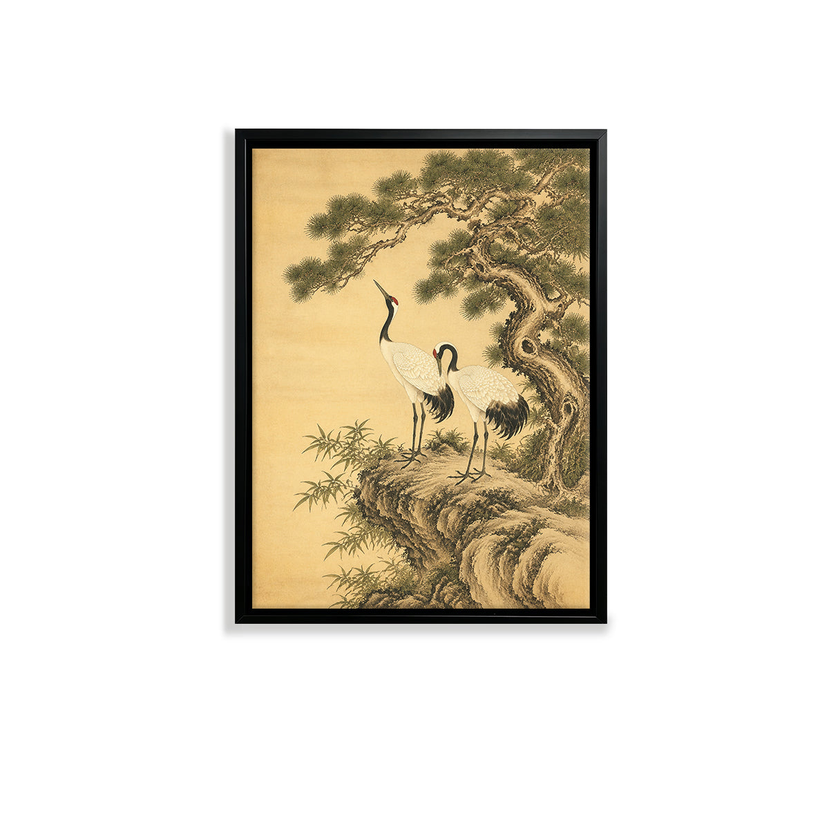 Framed Oriental Crane and Pine Tree Art Print, Vintage-Inspired Canvas Painting for Home Decor