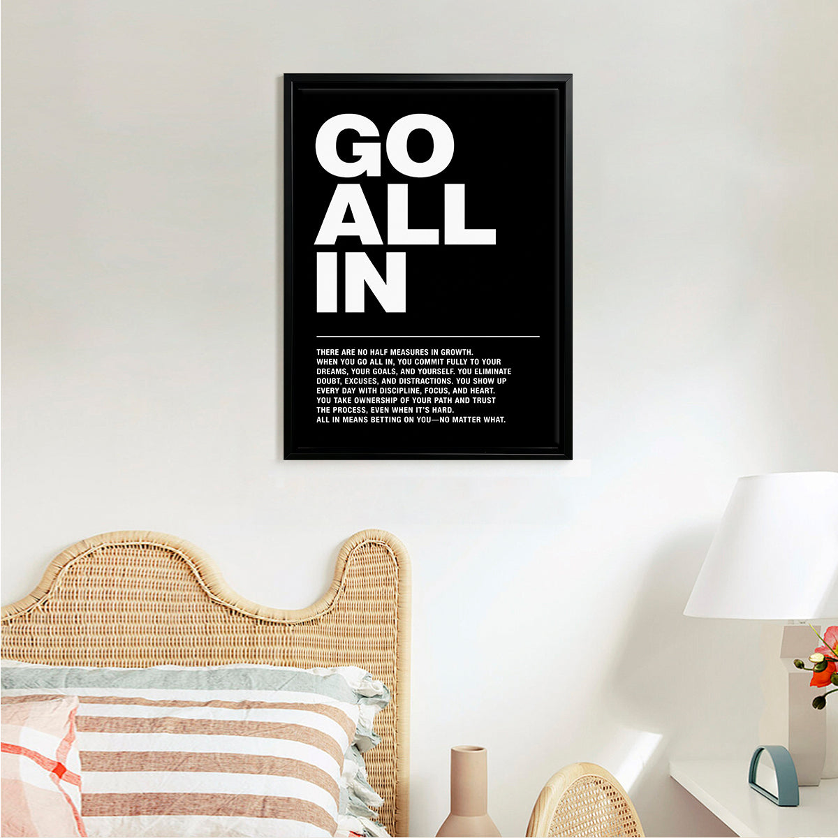 Motivational 'Go All In' Art Print, Modern Black and White Typography, High-Quality Framed Poster for Home Office Decor
