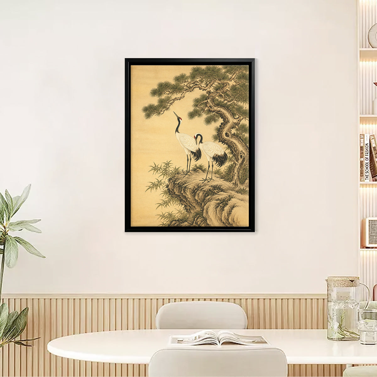 Framed Oriental Crane and Pine Tree Art Print, Vintage-Inspired Canvas Painting for Home Decor