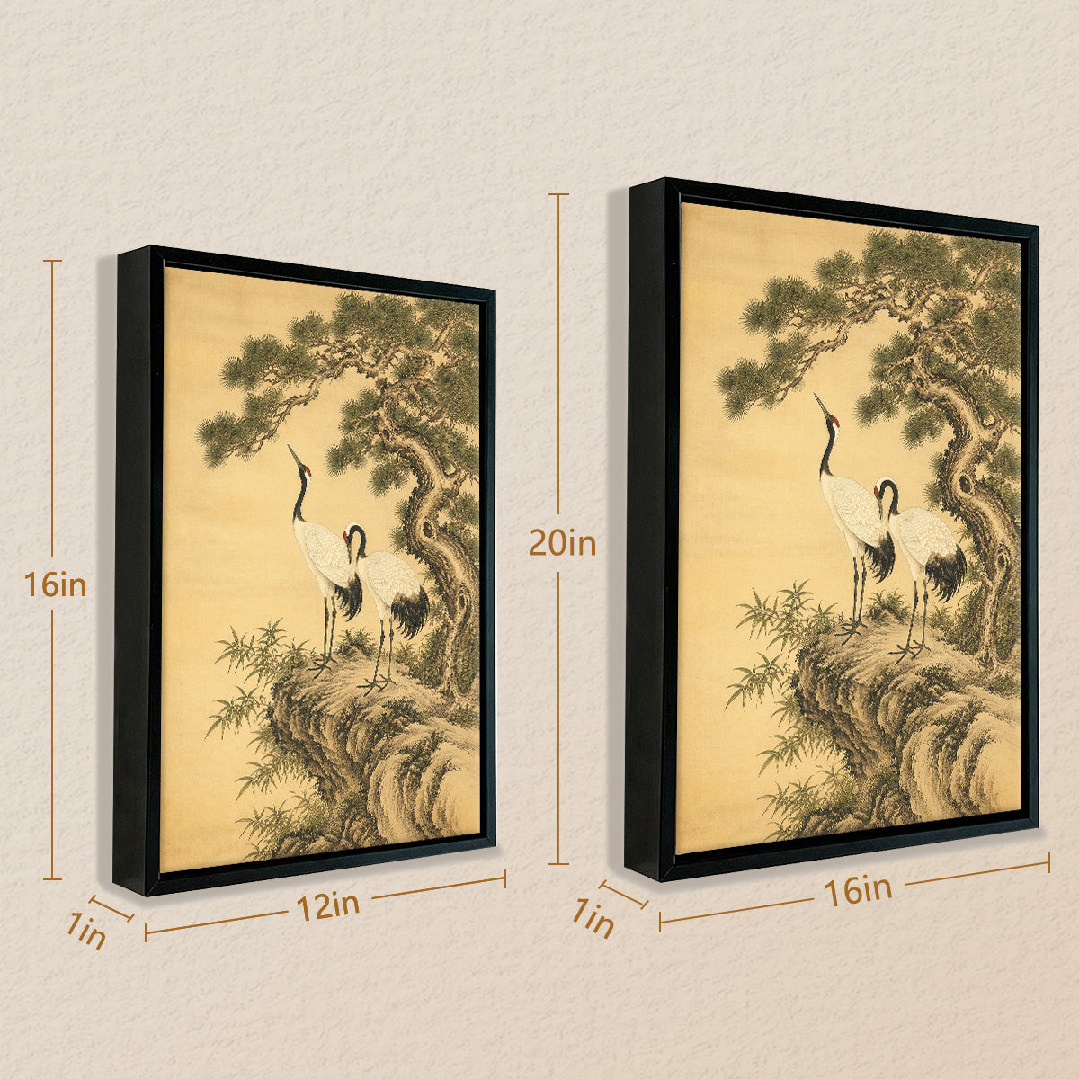 Framed Oriental Crane and Pine Tree Art Print, Vintage-Inspired Canvas Painting for Home Decor