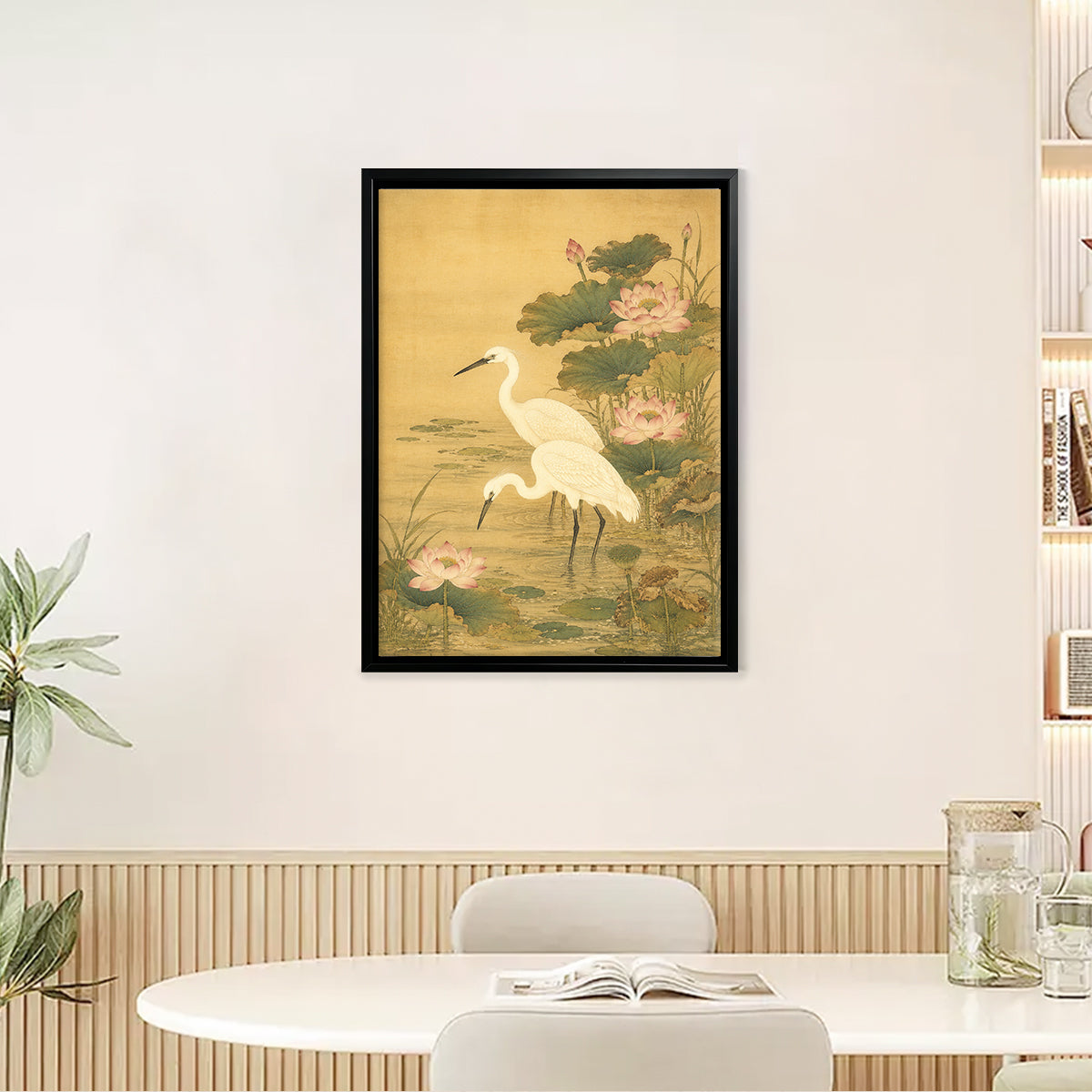 Framed Lotus and Egret Art Print, Traditional Asian Style, High-Quality Giclee on Canvas, Perfect Home Decor for Living Room or Bedroom