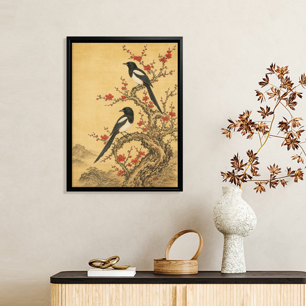 Framed Oriental Birds on Blossom Tree Art Print, Vintage Style Canvas Painting for Home Decor