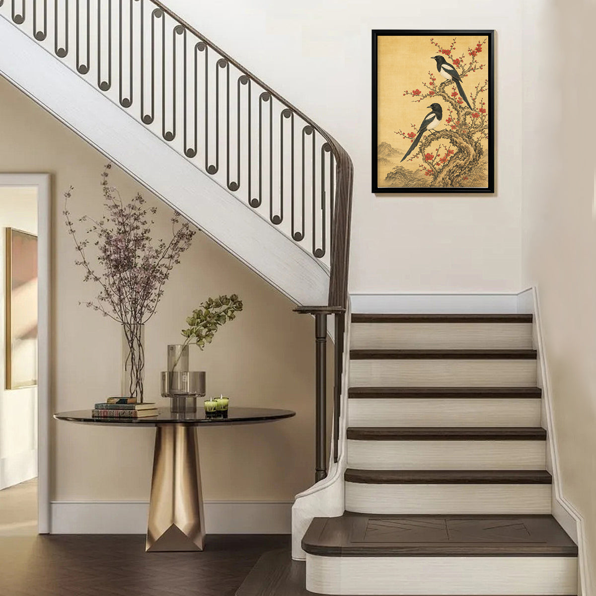 Framed Oriental Birds on Blossom Tree Art Print, Vintage Style Canvas Painting for Home Decor