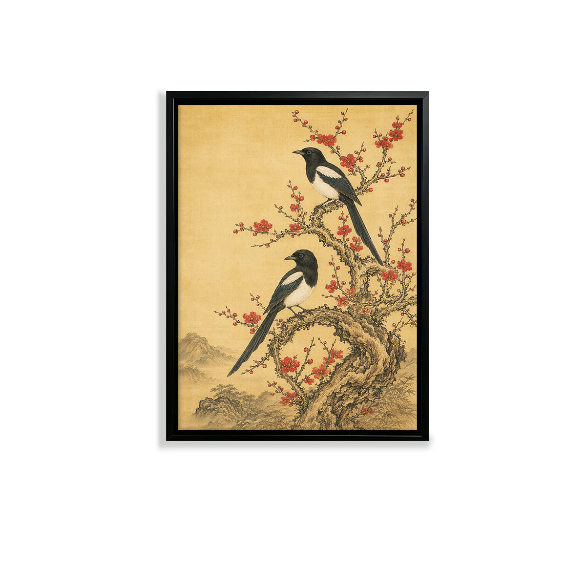 Framed Oriental Birds on Blossom Tree Art Print, Vintage Style Canvas Painting for Home Decor
