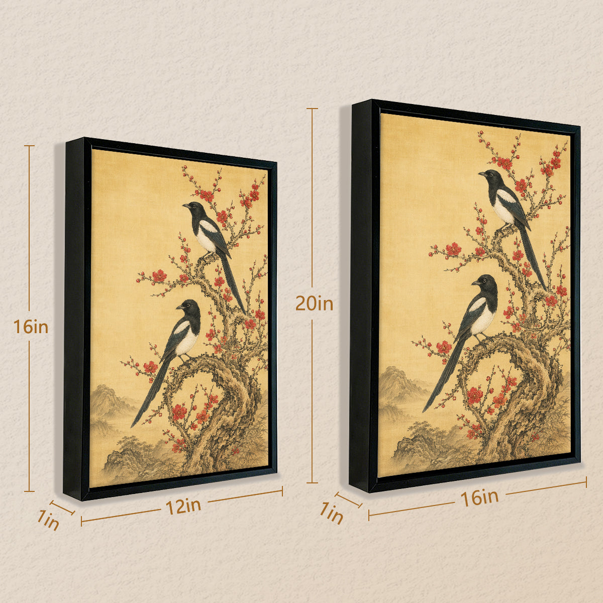 Framed Oriental Birds on Blossom Tree Art Print, Vintage Style Canvas Painting for Home Decor