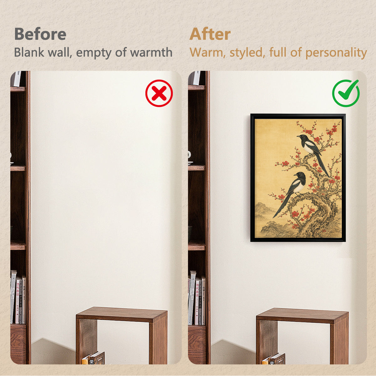 Framed Oriental Birds on Blossom Tree Art Print, Vintage Style Canvas Painting for Home Decor