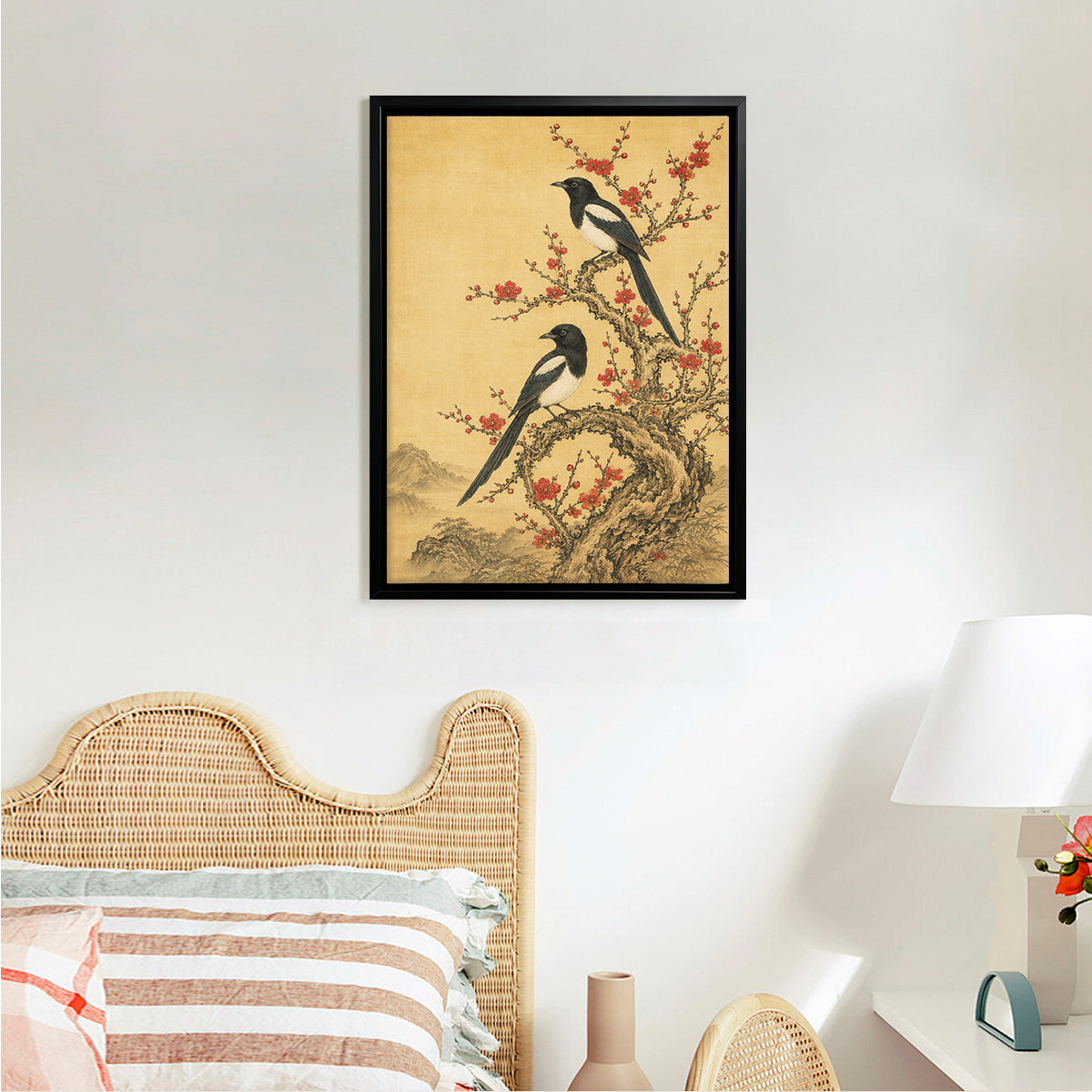 Framed Oriental Birds on Blossom Tree Art Print, Vintage Style Canvas Painting for Home Decor