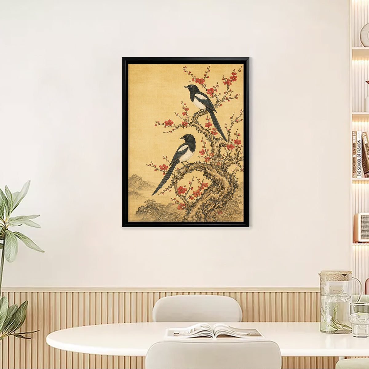 Framed Oriental Birds on Blossom Tree Art Print, Vintage Style Canvas Painting for Home Decor