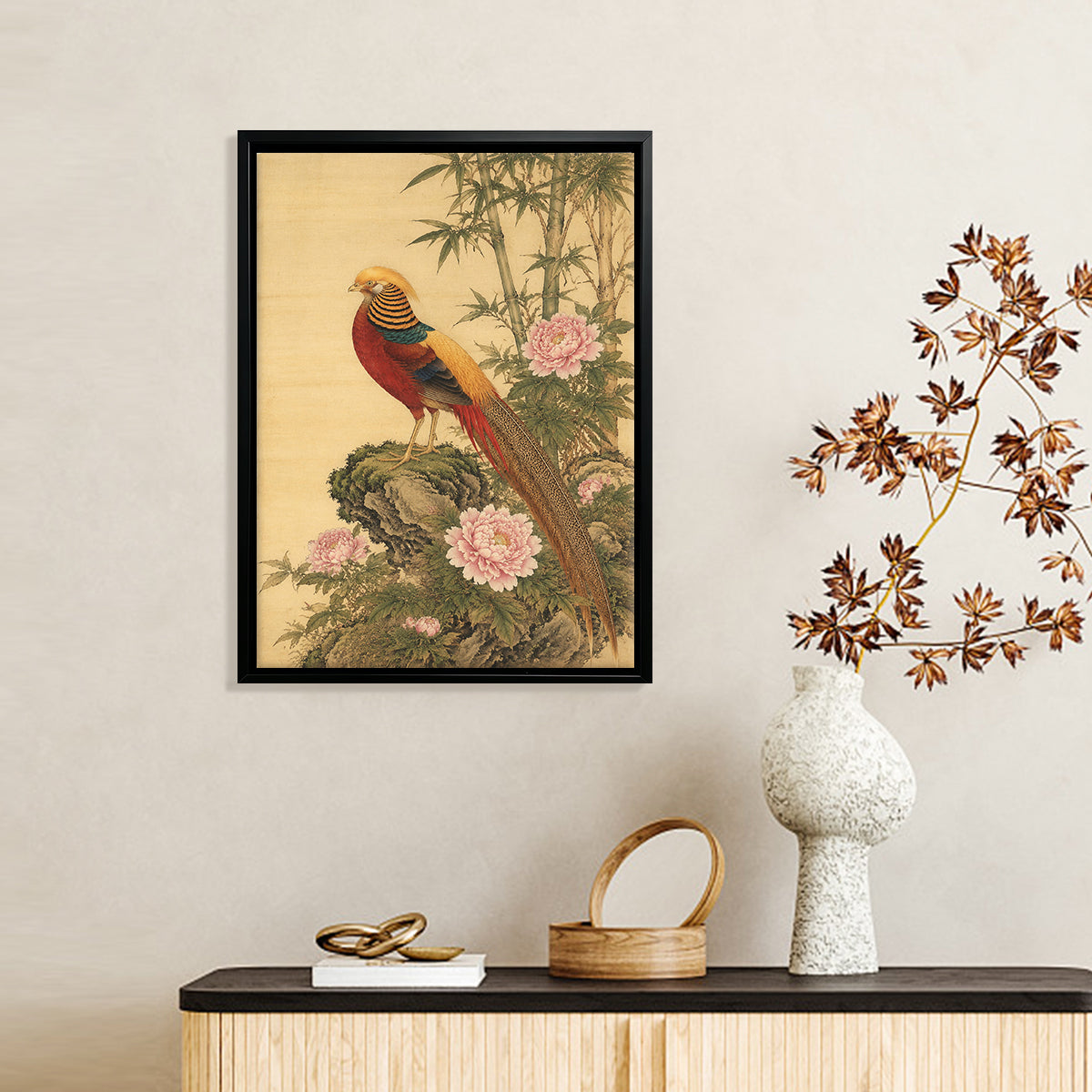 Framed Oriental Bird & Flower Art Print, Classic Asian Style, High-Quality Giclee on Canvas, Perfect for Home Decor in California