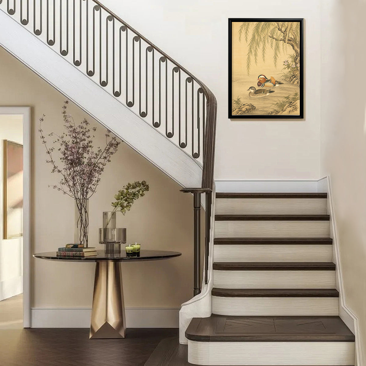 Framed Mandarin Ducks Painting in Traditional Asian Style, Elegant Home Decor for Living Room or Bedroom