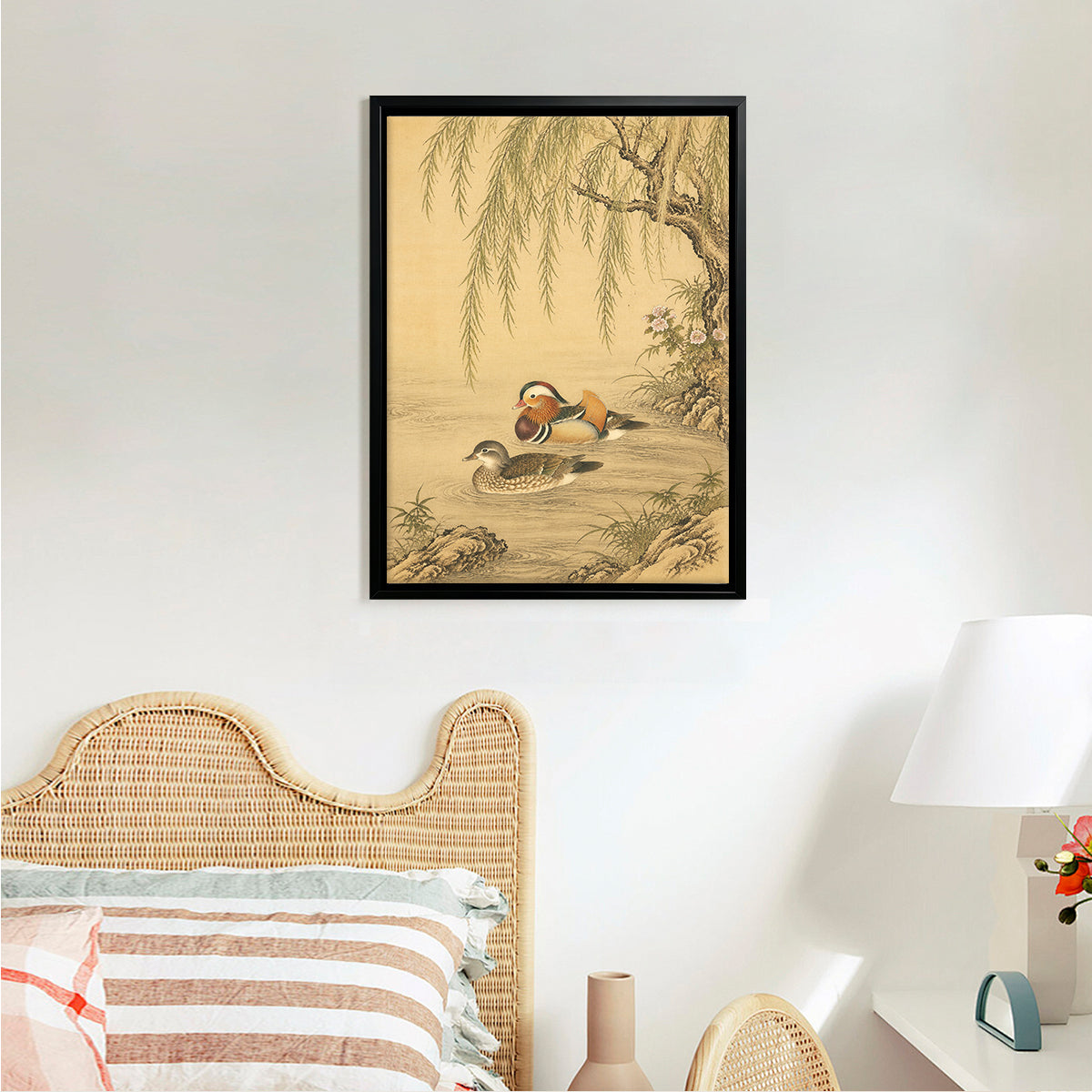 Framed Mandarin Ducks Painting in Traditional Asian Style, Elegant Home Decor for Living Room or Bedroom