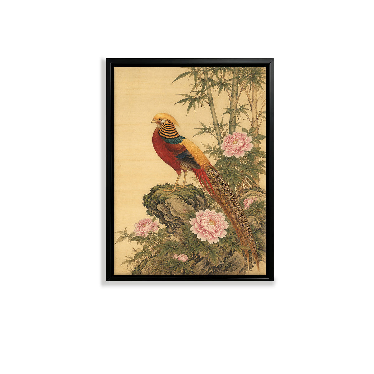Framed Oriental Bird & Flower Art Print, Classic Asian Style, High-Quality Giclee on Canvas, Perfect for Home Decor in California