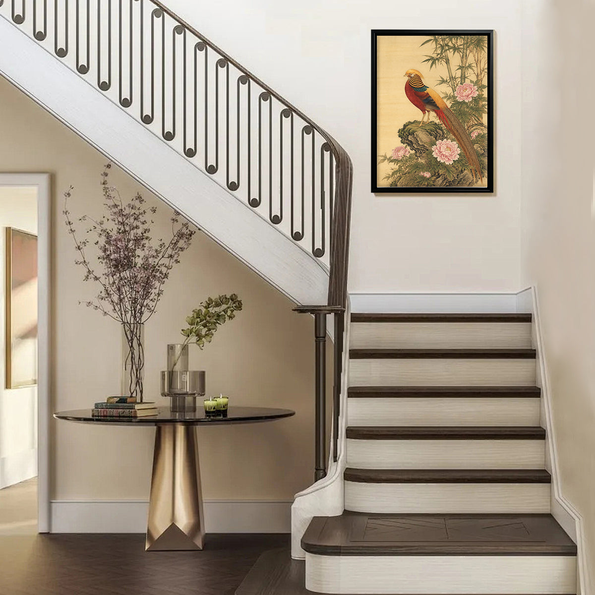 Framed Oriental Bird & Flower Art Print, Classic Asian Style, High-Quality Giclee on Canvas, Perfect for Home Decor in California