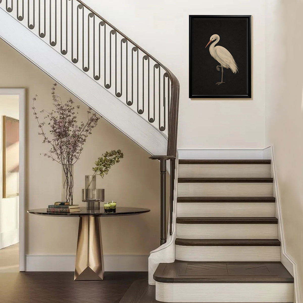 Framed Watercolor Egret Art Print, Elegant Black Background Design, Perfect Home Decor for Any Room