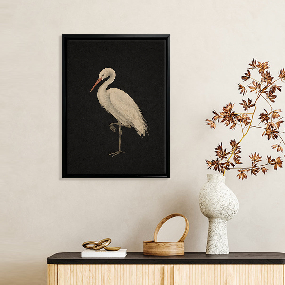 Framed Watercolor Egret Art Print, Elegant Black Background Design, Perfect Home Decor for Any Room