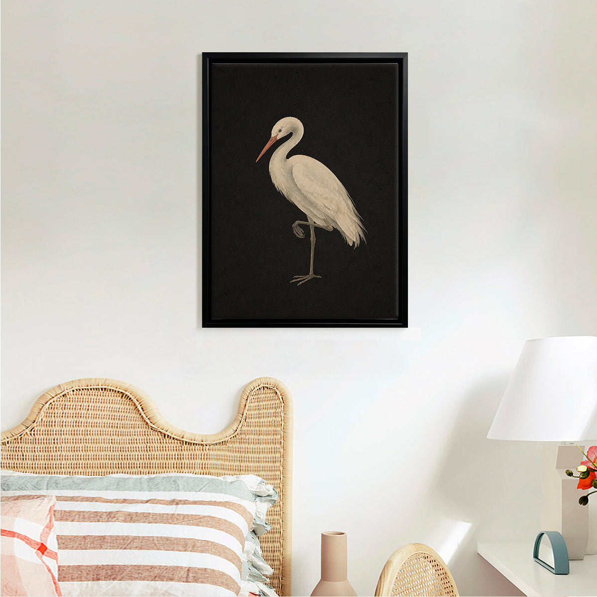 Framed Watercolor Egret Art Print, Elegant Black Background Design, Perfect Home Decor for Any Room