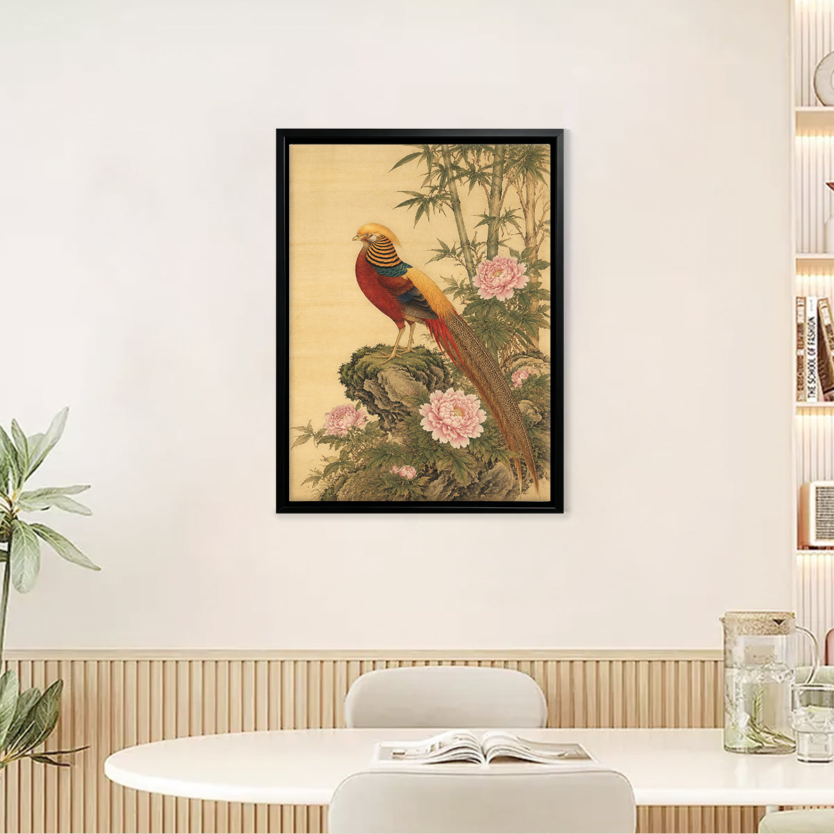 Framed Oriental Bird & Flower Art Print, Classic Asian Style, High-Quality Giclee on Canvas, Perfect for Home Decor in California