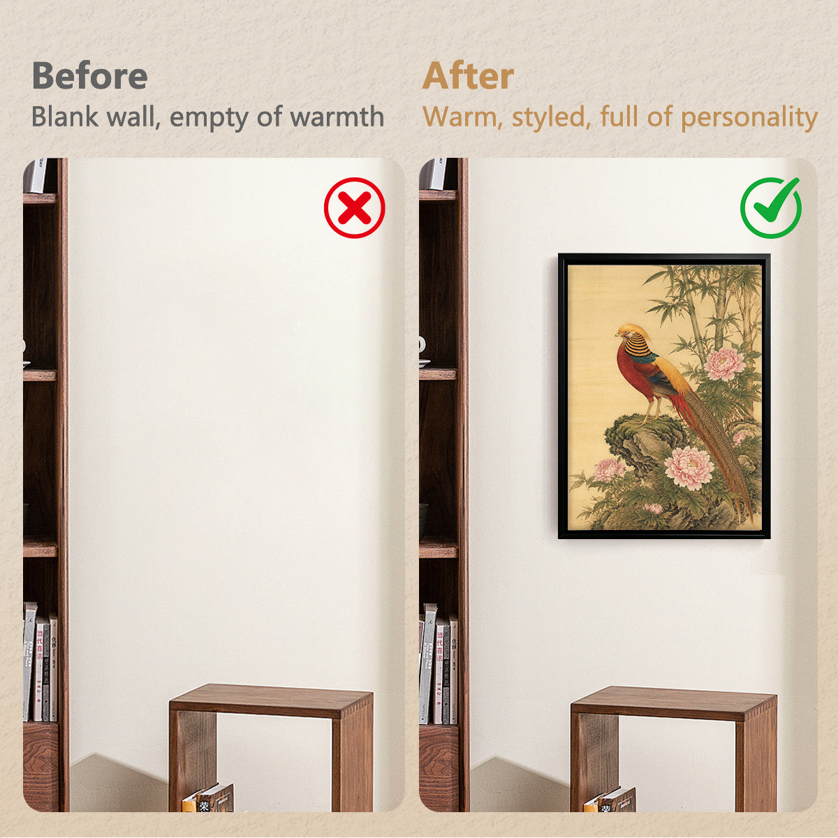 Framed Oriental Bird & Flower Art Print, Classic Asian Style, High-Quality Giclee on Canvas, Perfect for Home Decor in California