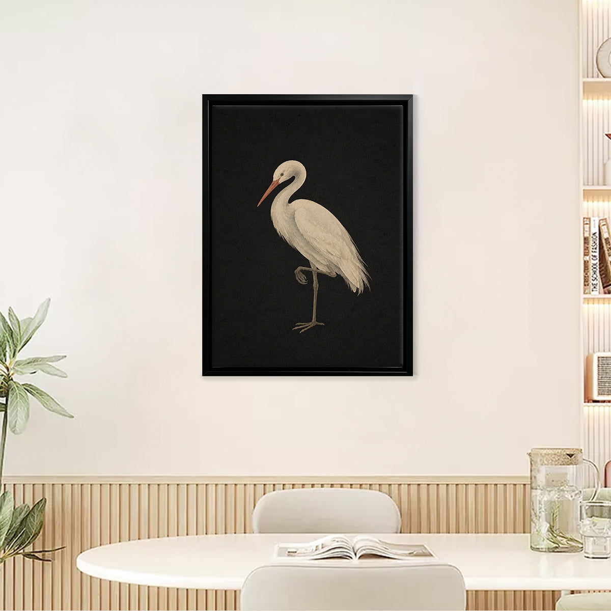 Framed Watercolor Egret Art Print, Elegant Black Background Design, Perfect Home Decor for Any Room