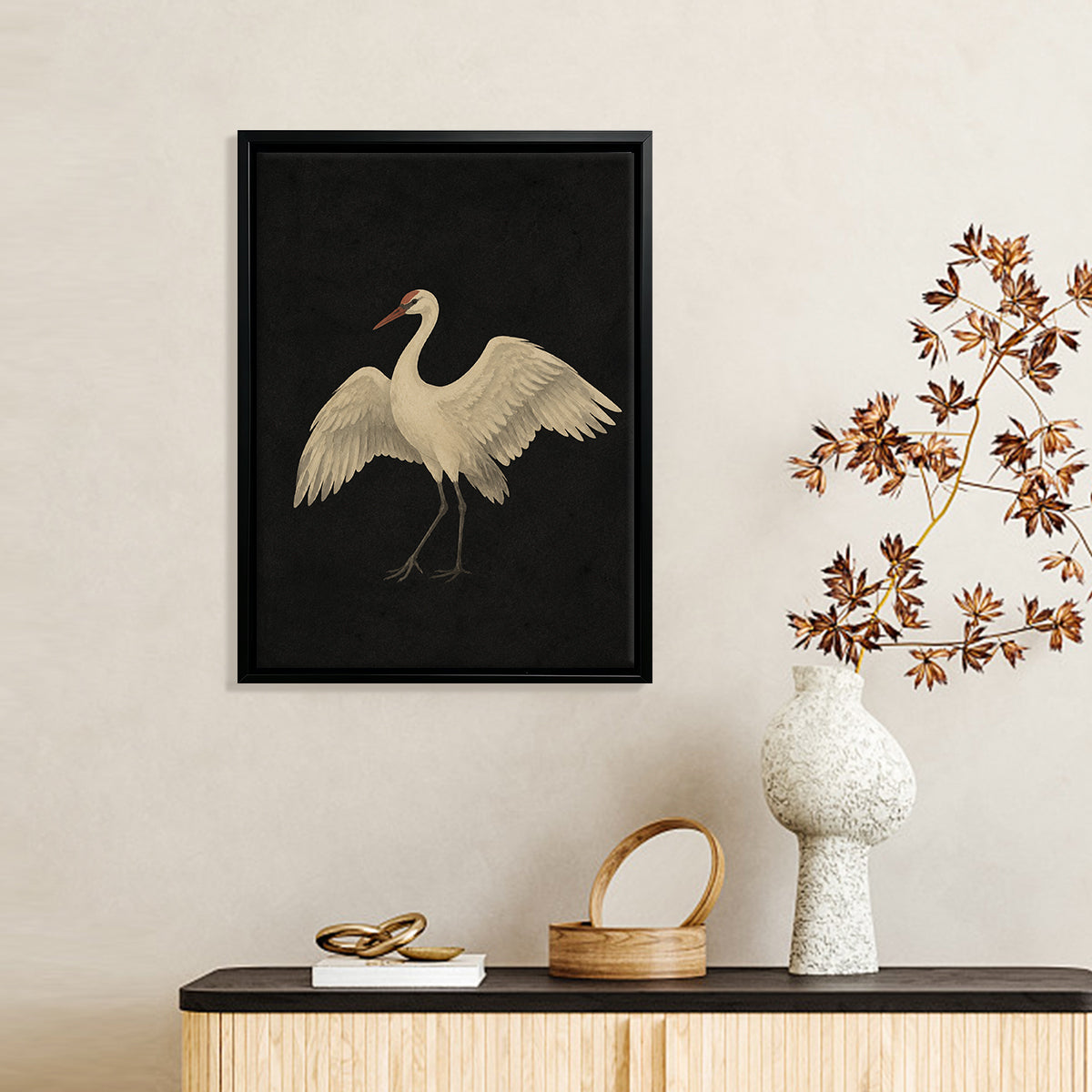 Framed Art Print of a Graceful Crane on Black Background, Perfect for Home Decor or Gift
