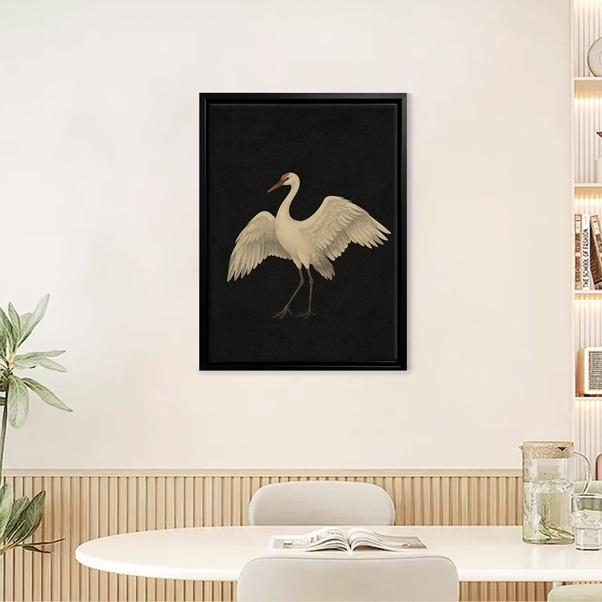 Framed Art Print of a Graceful Crane on Black Background, Perfect for Home Decor or Gift
