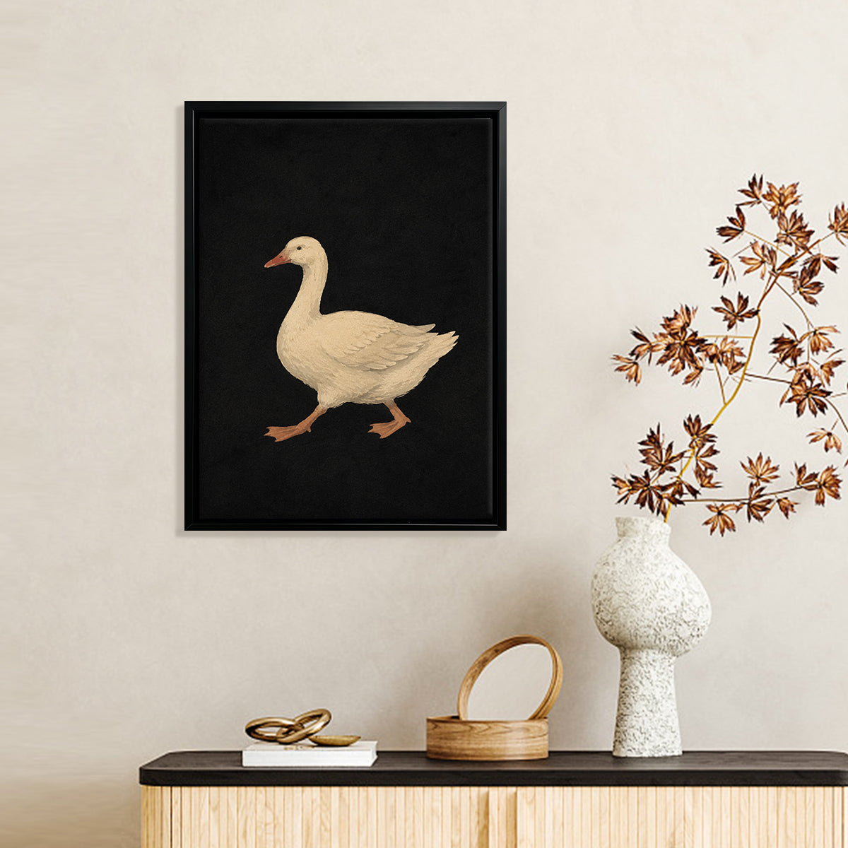 Framed Goose Art Print, Elegant Black Background Design, High-Quality Canvas, Perfect Home Decor for Any Room