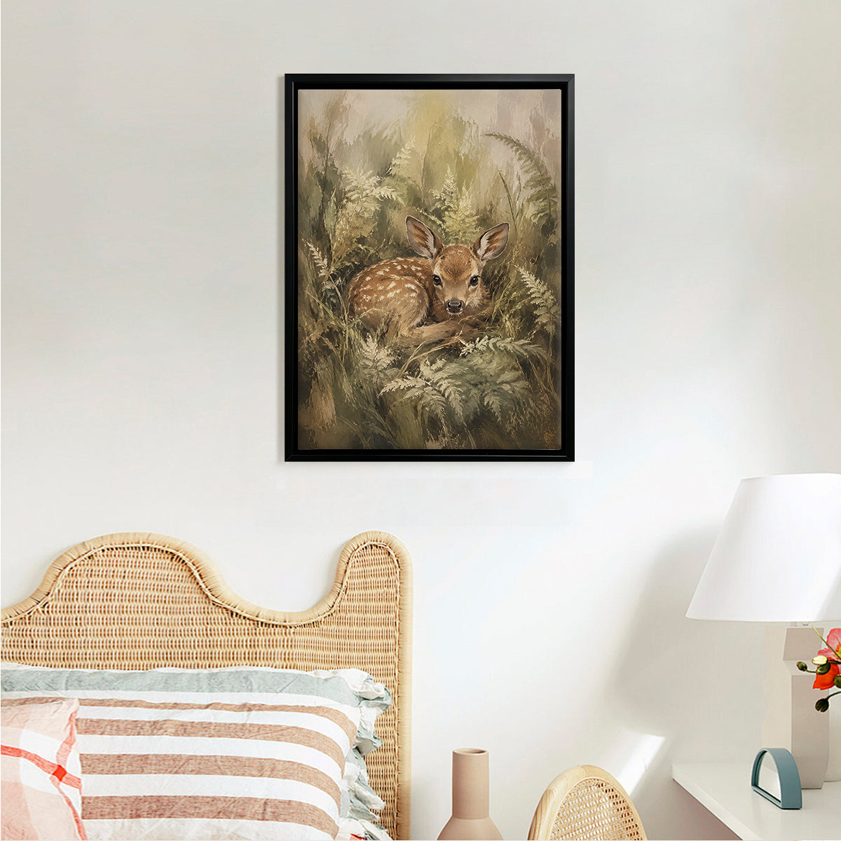 Framed Deer Fawn Art Print in Natural Ferns Style, Perfect for Home Decor or Gift