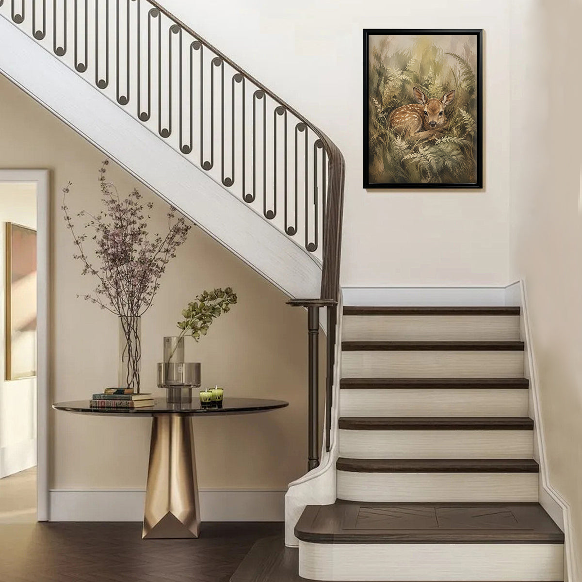 Framed Deer Fawn Art Print in Natural Ferns Style, Perfect for Home Decor or Gift