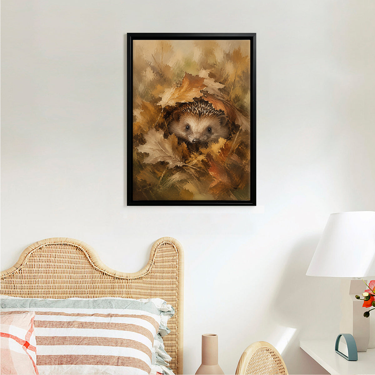 Framed Autumn Hedgehog Art Print, Oil Painting Style, High-Quality Canvas, Perfect for Home Decor in New York
