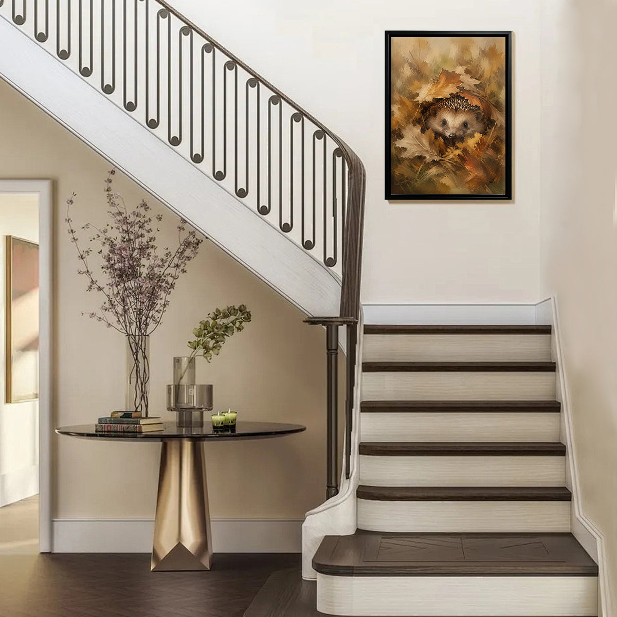 Framed Autumn Hedgehog Art Print, Oil Painting Style, High-Quality Canvas, Perfect for Home Decor in New York