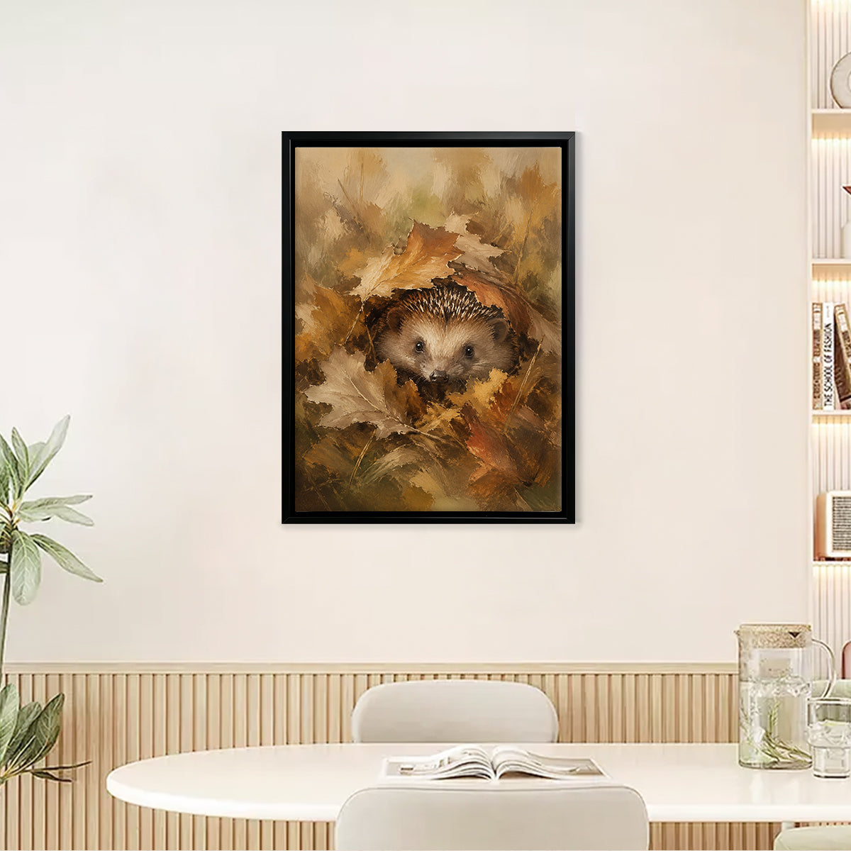 Framed Autumn Hedgehog Art Print, Oil Painting Style, High-Quality Canvas, Perfect for Home Decor in New York