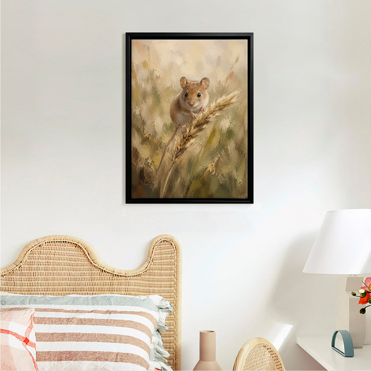 Framed Oil Painting of a Mouse in Wheat Field, Realistic Style, High-Quality Artwork for Home Decor