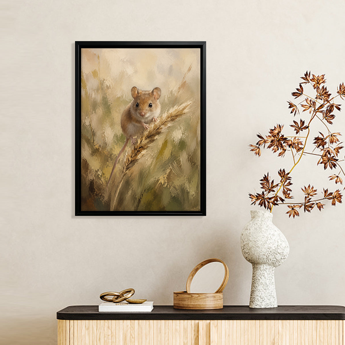 Framed Oil Painting of a Mouse in Wheat Field, Realistic Style, High-Quality Artwork for Home Decor