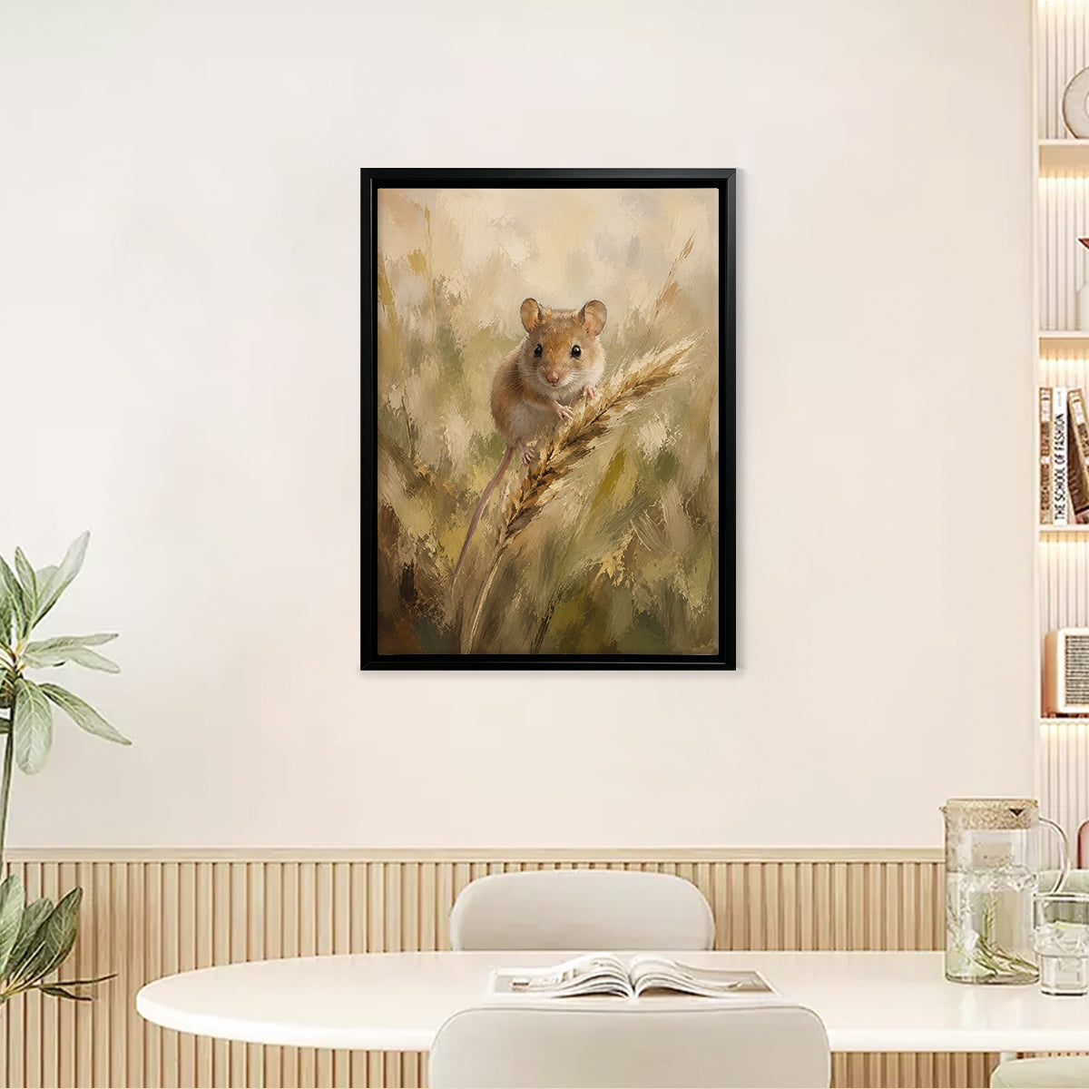 Framed Oil Painting of a Mouse in Wheat Field, Realistic Style, High-Quality Artwork for Home Decor