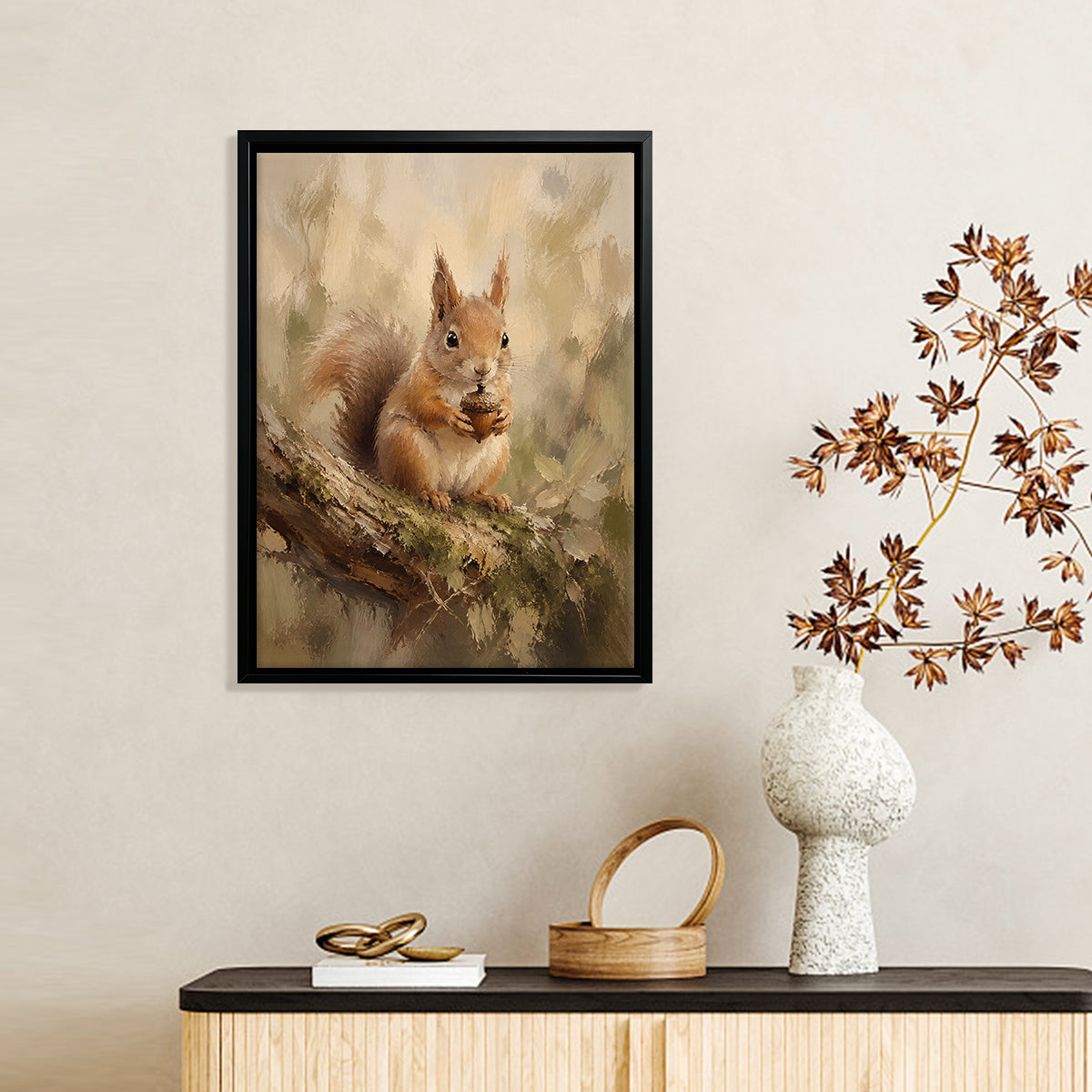 Framed Squirrel Art Print with Acorn, Oil Painting Style, High-Quality Canvas for Home Decor, Perfect Gift