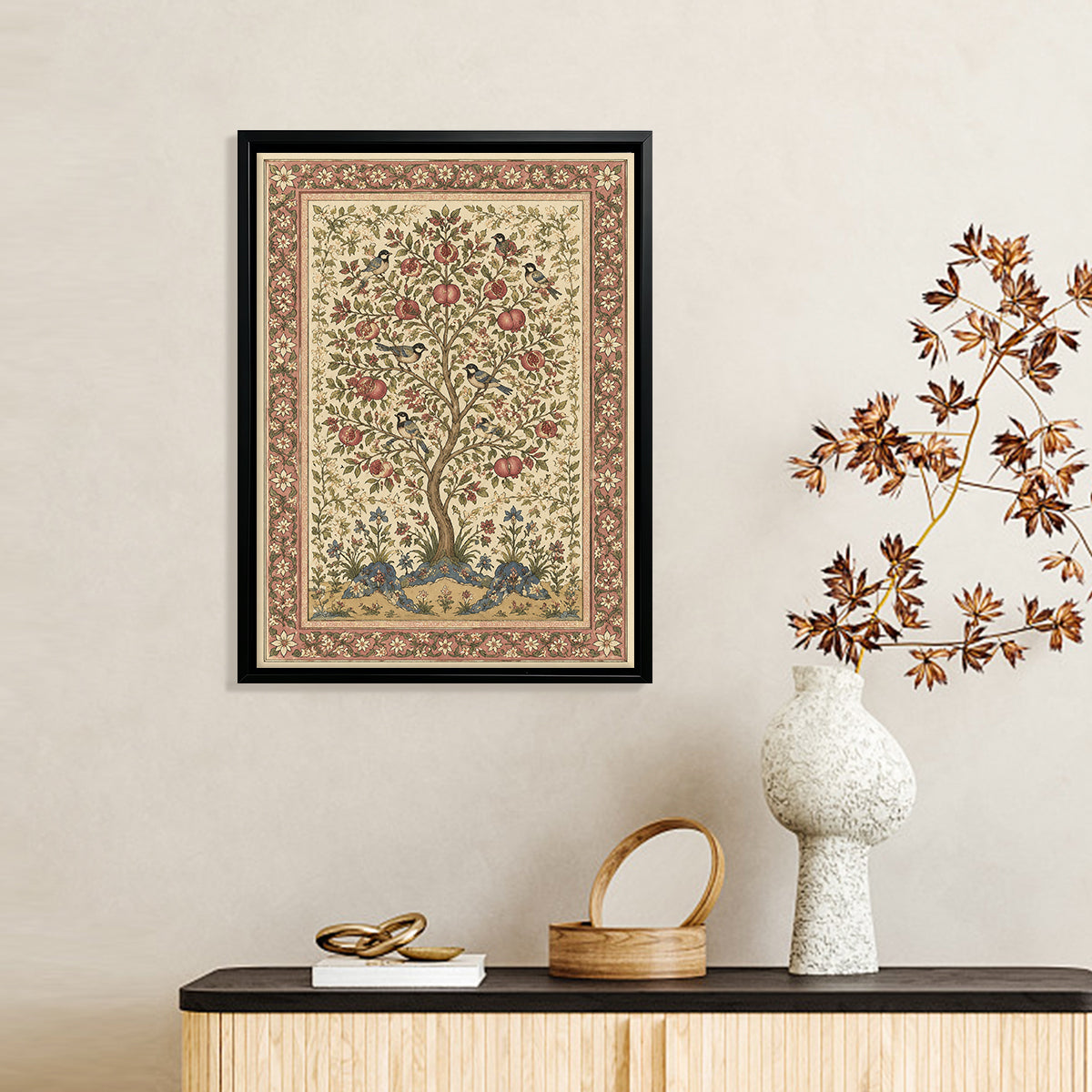 Framed Tree of Life Tapestry Art Print, Vintage Floral Design, Perfect for Home Decor in Any Room