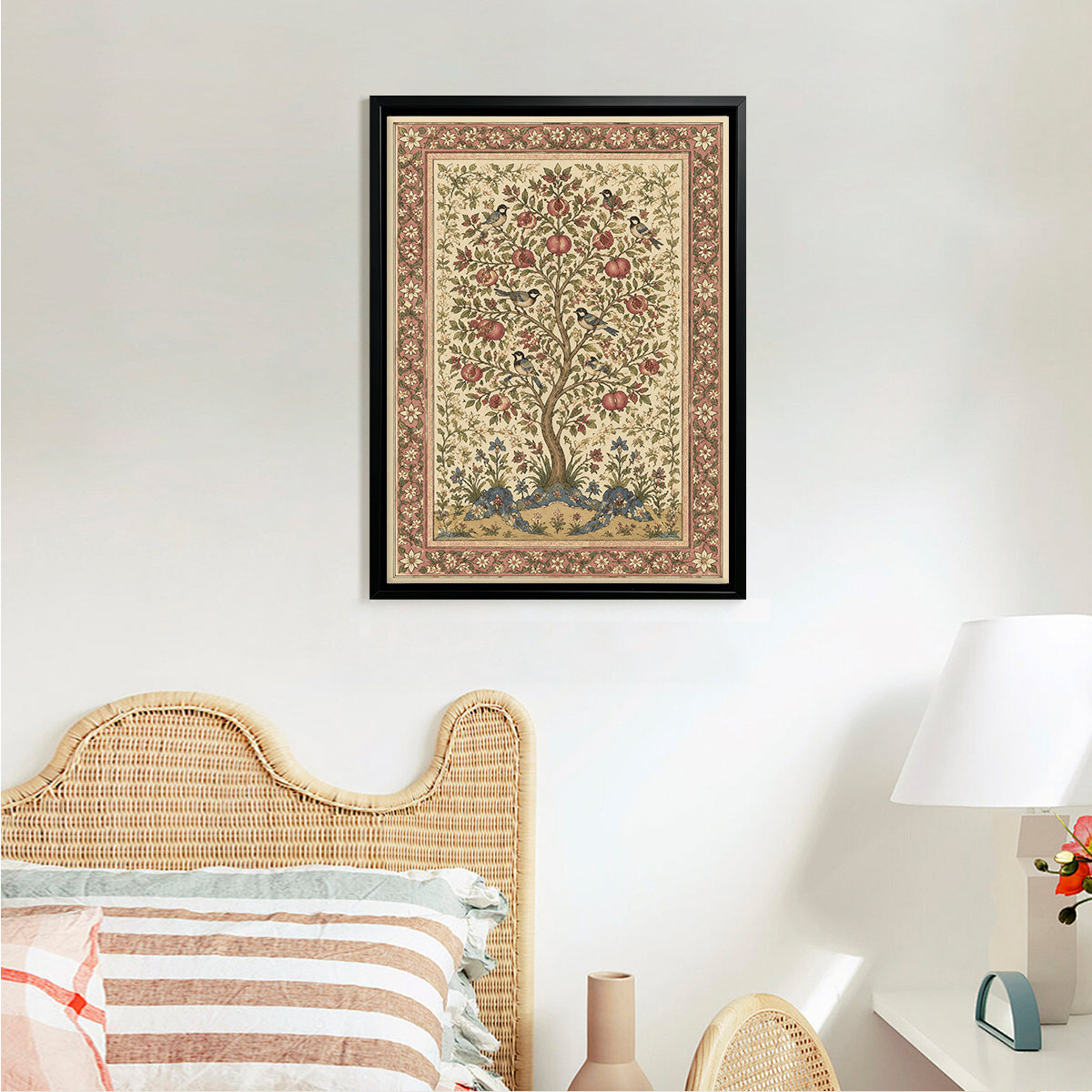 Framed Tree of Life Tapestry Art Print, Vintage Floral Design, Perfect for Home Decor in Any Room