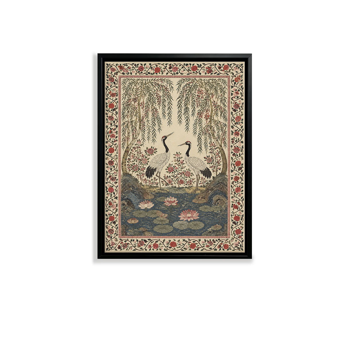 Framed Oriental Crane and Lotus Art Print, Vintage-Inspired Home Decor for Living Room or Hallway