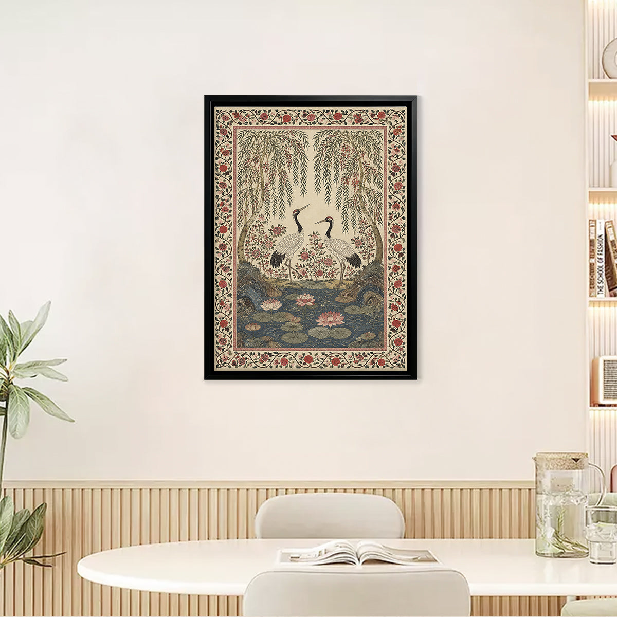 Framed Oriental Crane and Lotus Art Print, Vintage-Inspired Home Decor for Living Room or Hallway