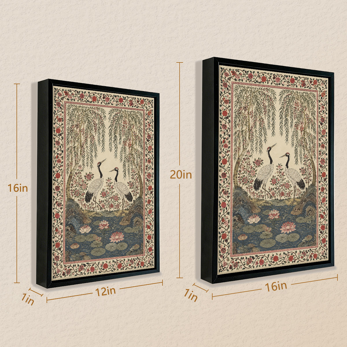 Framed Oriental Crane and Lotus Art Print, Vintage-Inspired Home Decor for Living Room or Hallway