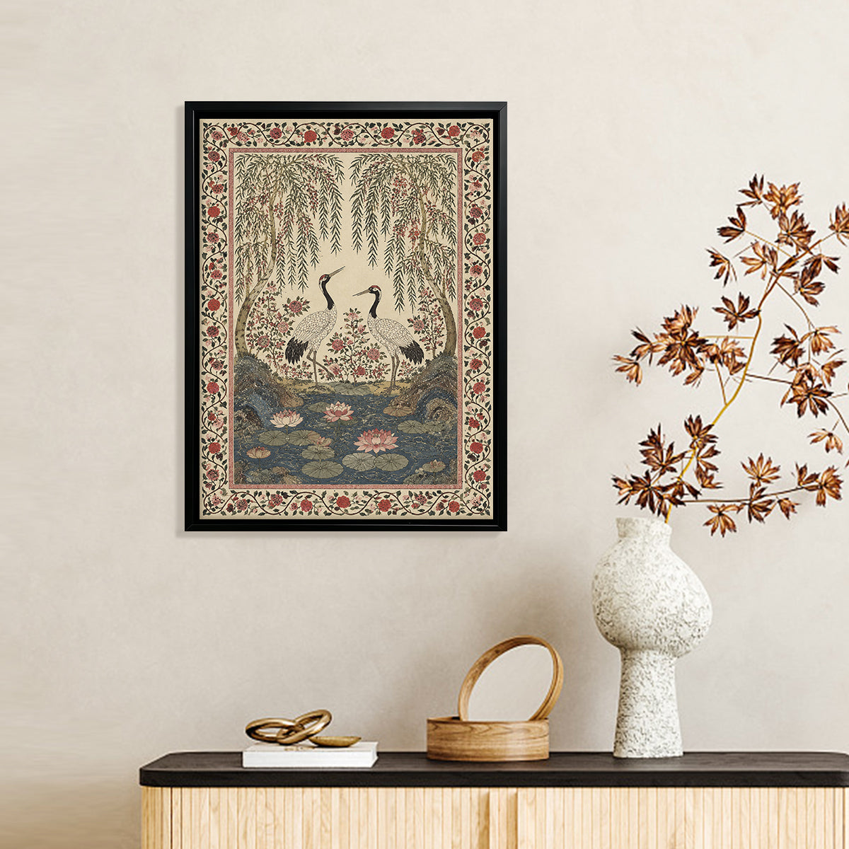 Framed Oriental Crane and Lotus Art Print, Vintage-Inspired Home Decor for Living Room or Hallway