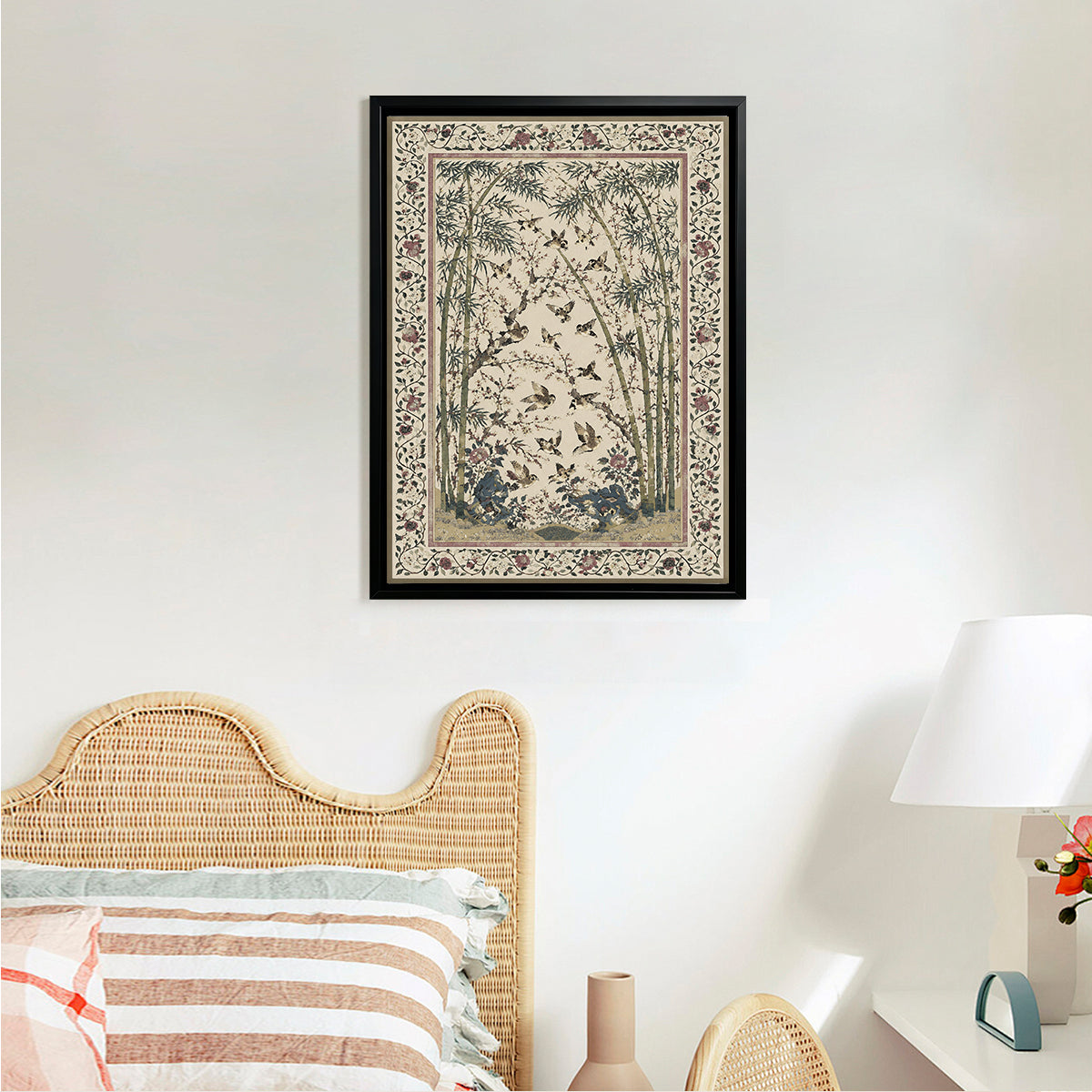 Framed Bamboo and Birds Art Print, Vintage Style, High-Quality Giclee, Perfect for Home Decor in New York