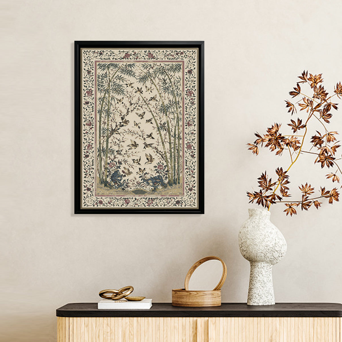Framed Bamboo and Birds Art Print, Vintage Style, High-Quality Giclee, Perfect for Home Decor in New York