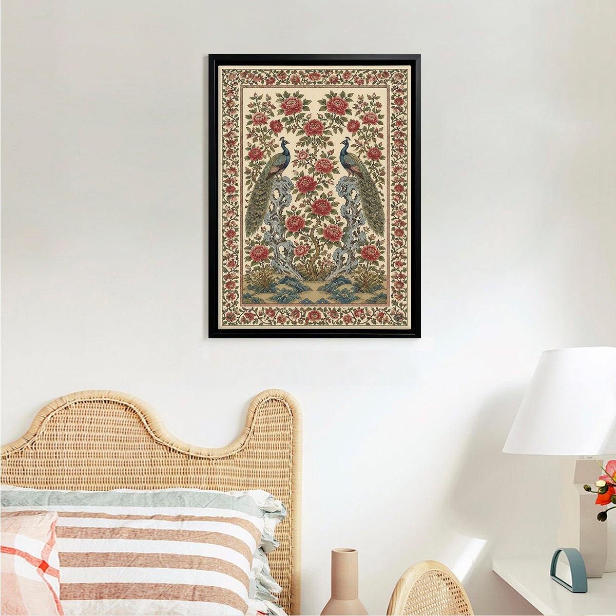 Framed Peacock Floral Tapestry Art Print, Vintage Style, High-Quality Giclee, Perfect for Home Decor in Any Room