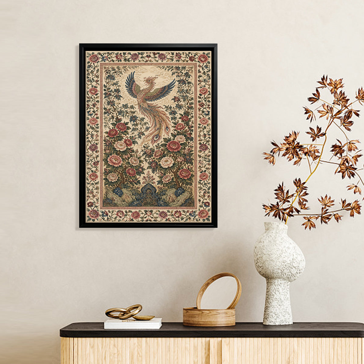 Framed Phoenix Tapestry Wall Art, Vintage Floral Design, High-Quality Embroidery, Perfect for Home Decor in Any Room