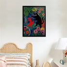 Framed Art Print Featuring a Black Cat and Red Figure in a Vibrant Garden Style, Perfect for Home Decor or Gift