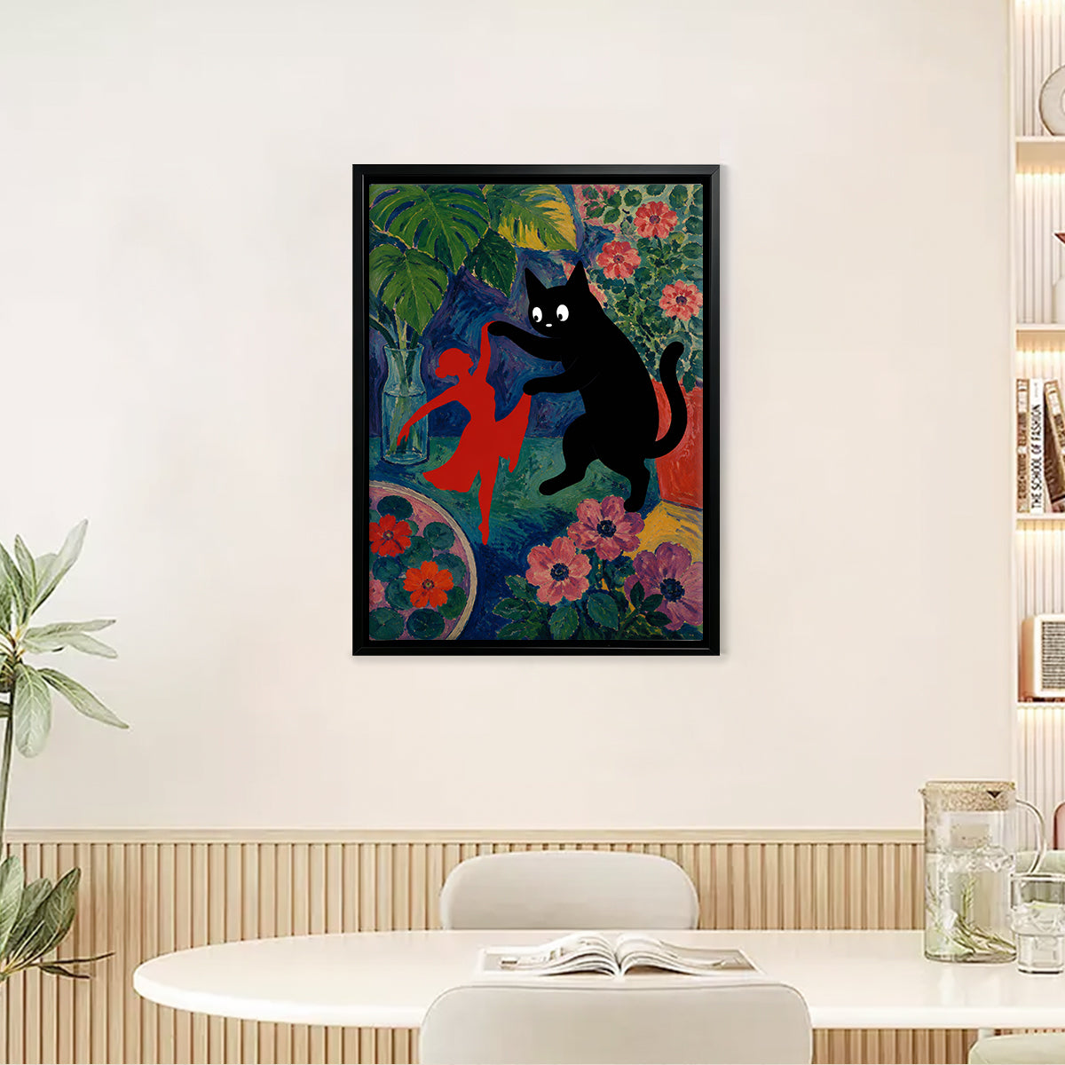 Framed Art Print Featuring a Black Cat and Red Figure in a Vibrant Garden Style, Perfect for Home Decor or Gift