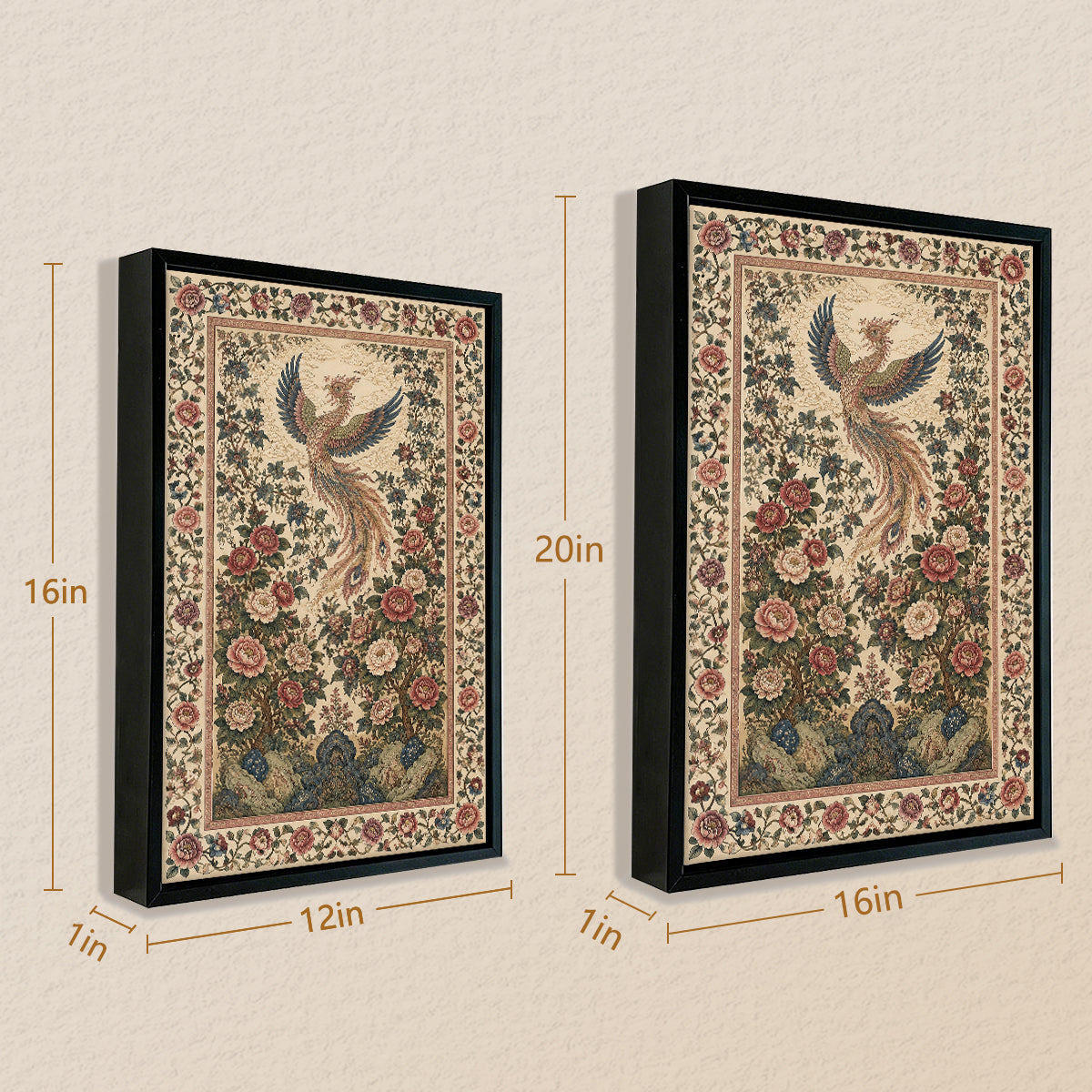 Framed Phoenix Tapestry Wall Art, Vintage Floral Design, High-Quality Embroidery, Perfect for Home Decor in Any Room