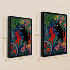 Framed Art Print Featuring a Black Cat and Red Figure in a Vibrant Garden Style, Perfect for Home Decor or Gift