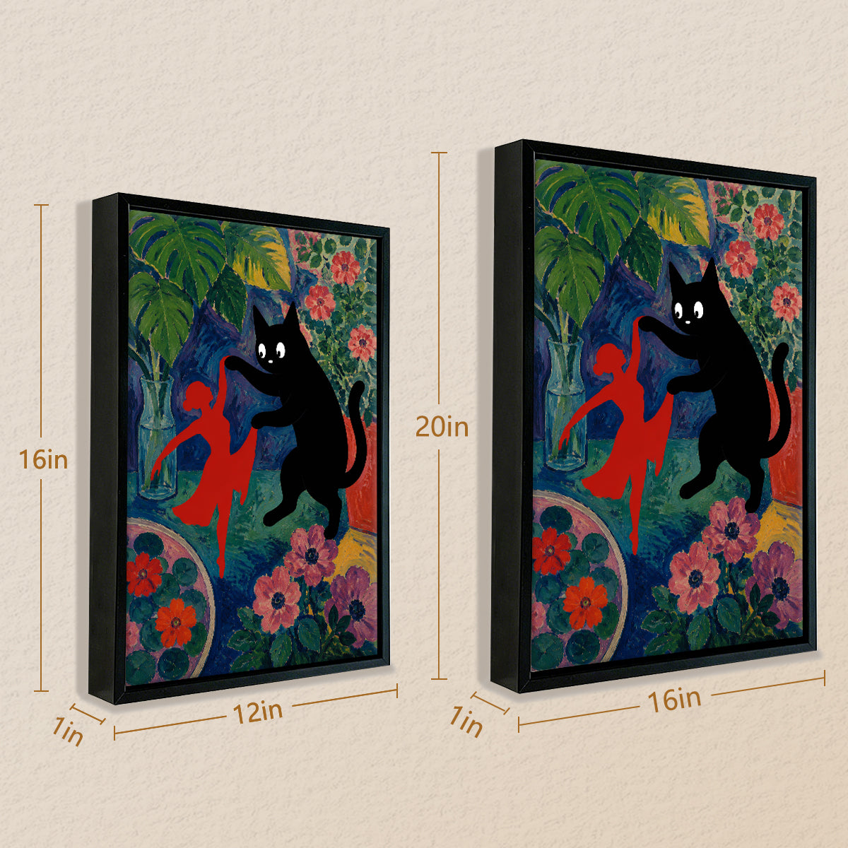 Framed Art Print Featuring a Black Cat and Red Figure in a Vibrant Garden Style, Perfect for Home Decor or Gift